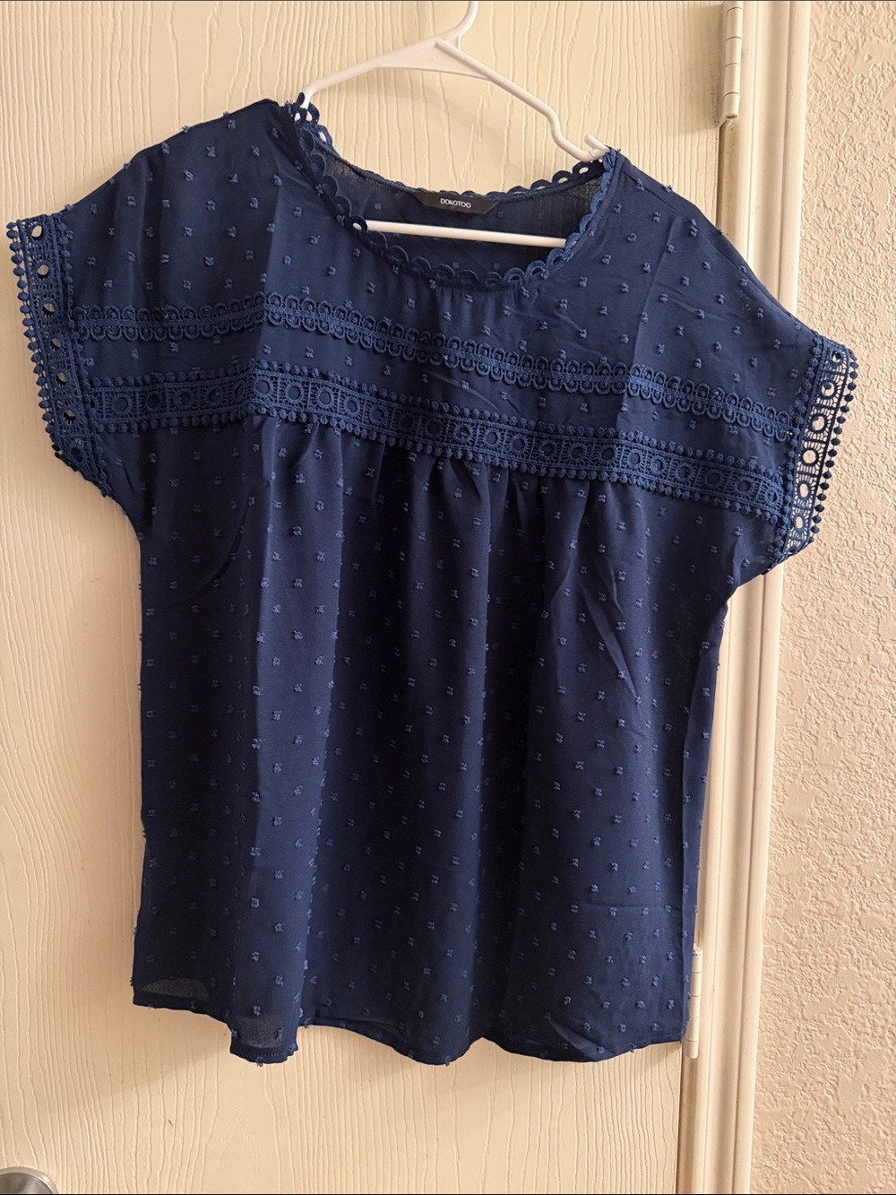 Dokotoo Navy Blue Crochet Trim Short Sleeve Blouse